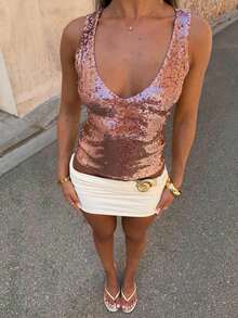 Womens Shiny Sequin Crop Tank Top, V Neck Sleeveless Party Streetwear Top - 粉色 - 查看 3
