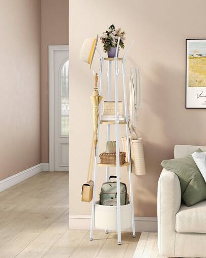 HEXCELEN Coat Stand, Coat Rack With 16 Hooks And 1 Basket, Metal Coat Hall Tree For Scarves, Bags, Hats, FreeStanding, Hallway, Living Room, Bedroom, Office, Rustic Brown And Black/White