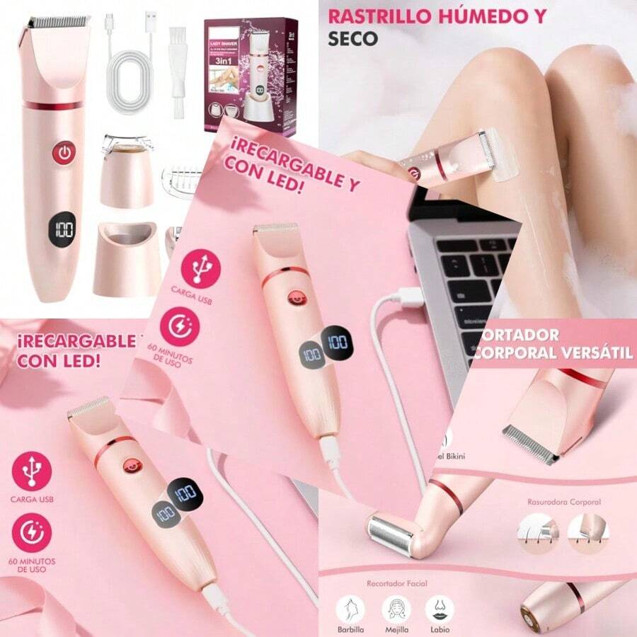 Depiladora Electrica Mujer 3 En 1 Rasuradora Electrica Mujer con Pantalla LCD IPX6 Impermeable Afeitadora Femenina sin Dolor USB Recargable para V Facial Cejas Axilas y Zona del Bikini-0003 - RosaDorado - Ver 1