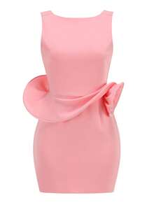 Love Aing Pink Floral-Applique Haterneck Rosette Open-Back Party Mini Dress