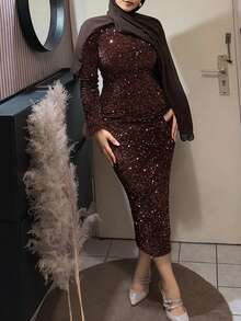 DAZY 女士V领亮片毛绒袖口连衣裙，优雅舞会礼服，新年女士服装，嘉年华闪亮连衣裙，长款连衣裙 - 咖啡 - 查看 7