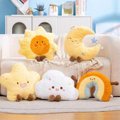1个卡通毛绒太阳云朵抱枕，治愈系星月毛绒玩偶，儿童毛绒玩偶，少女卧室床头靠垫，创意家居沙发抱枕，可爱有趣的毛绒玩偶，适合作为女性生日、复活节、情人节和斋月礼物