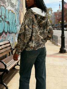 Kami's Casual Camo Printed Loose Zippered Hooded Sweatshirt For Women ,Light Outdoor Sports Jacket For Spring,Thin Fleece,New Year,Carnival,Tops - Olive Green - View 5