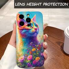 1PC Phone Case ,  Colorful Cat Floral Design Pattern , Stylish Phone Case, Phone Decoration, All-around Lens Protection, Creative Small Gift, Funny Gift for Boys and Girls - Negro - Ver 4