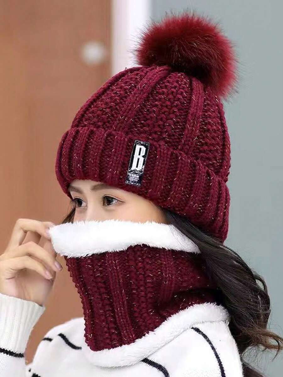 1-2pcs/Set Winter Scarf And Knit Hat Set, Thick Fleece Windproof Warm Casual Beanie And Scarf - Black - View 1