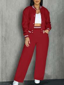 Women's Solid Color Baseball Jacket, Sports Top With Pockets, Outdoor Camping Sports Two-Piece Set, Drawstring Sports Jacket Spring Red Elegant - Red - View 4