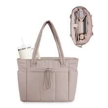 Women's Down Cotton Tote Bag - Quilted Laptop Shoulder Bag With Cup Holder, Luggage Strap, And Multiple Compartments, Lightweight Travel/Work/Nurse Bag - 駝色 - 查看 1