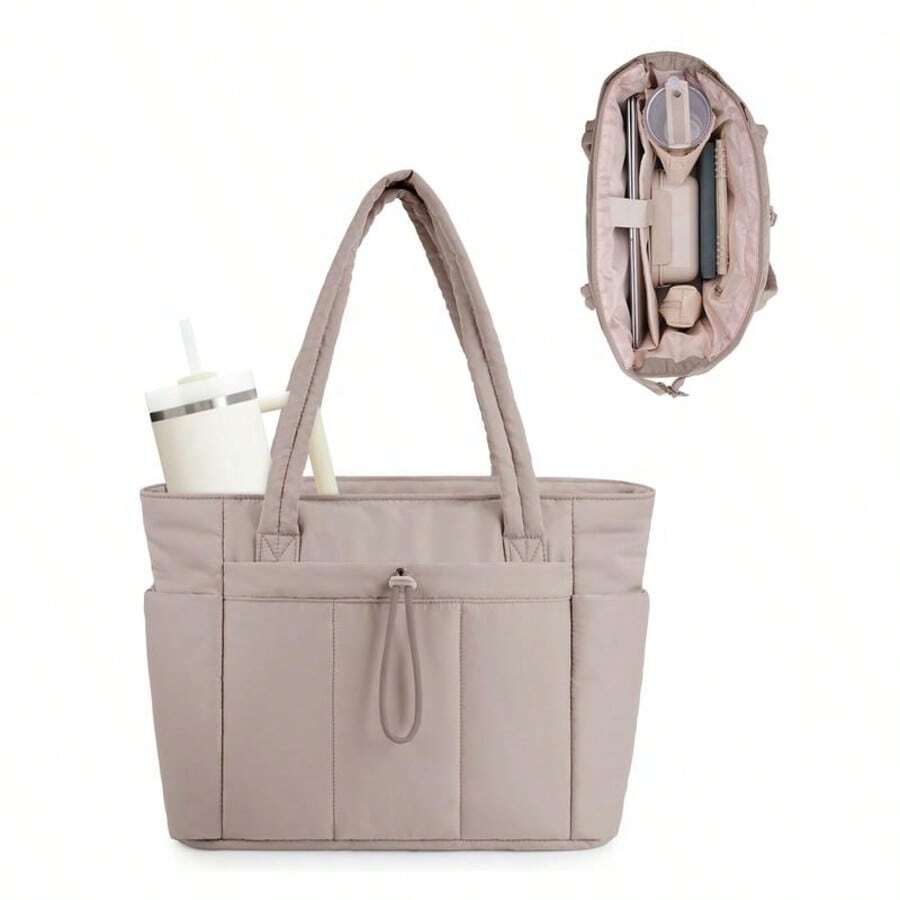 Women's Down Cotton Tote Bag - Quilted Laptop Shoulder Bag With Cup Holder, Luggage Strap, And Multiple Compartments, Lightweight Travel/Work/Nurse Bag - 駝色 - 查看 1