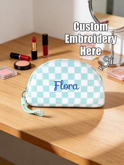 This Fashionable And Versatile Plaid Shell Pattern Cosmetic Bag Features An Elegant And Minimalist Plaid Design, Making It Very Suitable For Travel And Toiletries. It Includes Personalized Embroidery Of Your Name/Text, A Zipper, And A Hanging Strap. This Large-Capacity Cosmetic Organizer Bag Is A Portable Handheld Bag Suitable For Daily Use, Perfect For Traveling, Business Trips, And Home Organization. It Is A Top Choice For Girls, Friends, And Family As A Birthday And Holiday Gift.