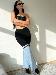 Y2K Streetwear Patchwork Wide Leg Pants For Women High Waist Stretch Black Top With Washed Denim Flared Bottom And Decorative Belt Straps - Light Blue - 查看 8