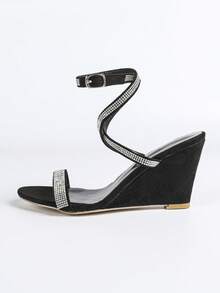 New Stylish Rhinestone Strap Casual Party Nightclub Daily Wear Women's Wedge Sandals - Black - View 6