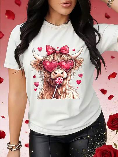 100% Cotton Women's Short-Sleeve T-Shirt - Cow Bow & Heart Glasses Print Top, Cute Romantic Casual Blouse For Valentine's Day Outfits, Spring Summer Daily Wear, Machine Washable Comfortable Tee