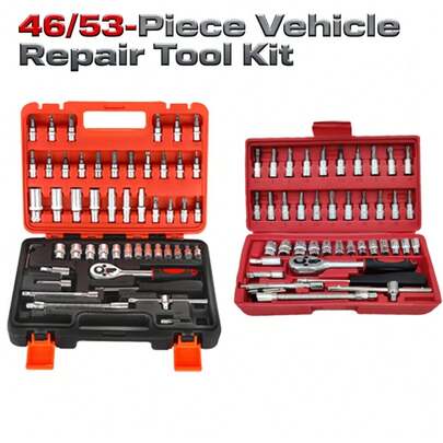 46/53-delige reparatieset, gereedschapskit voor automonteurs met doppen, sleutels en gereedschapskist, multifunctioneel: geschikt voor fietsonderhoud, reparatie van elektrische fietsen, meubelreparatie, motorreparatie en algemene mechanische werkzaamheden.