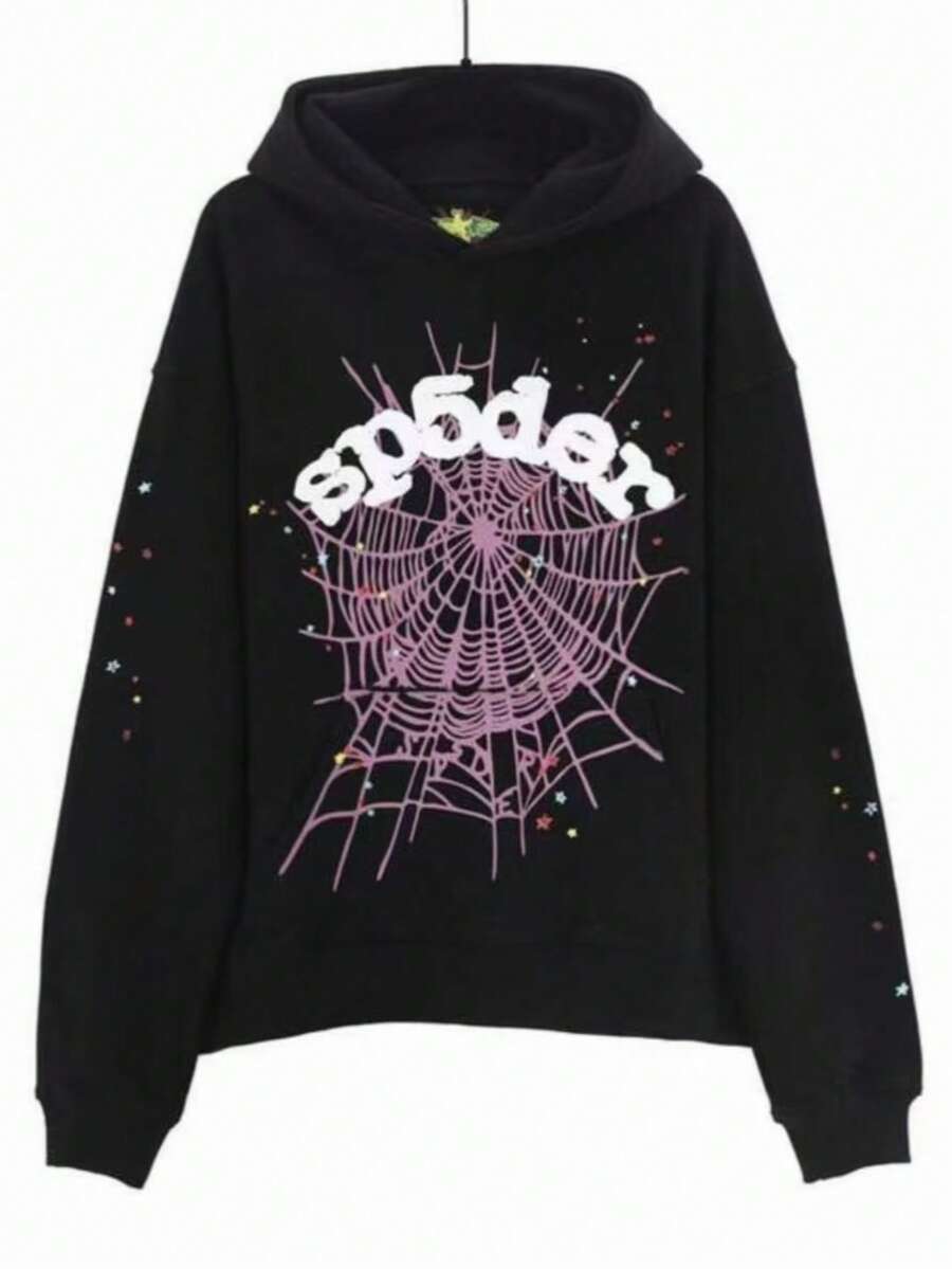 Men's Oversized Hip Hop Spider Web Pattern Graphic Alphabet Print Harajuku Vintage Hoodie Long Sleeve Street Wear Top For Both Men And Women Big Size Hoodies - 黑色 - 查看 1