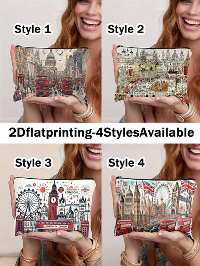 1pc Women's Fashion Polyester Cosmetic Bag - London Architecture Pattern, Decorated With London Landmarks, Multi-Functional Travel Makeup Bag, Emergency Snack Pouch, Zipper Travel Organizer, Suitable For Travel And Daily Use, Toiletry Bag, Portable Stationery Pouch, Perfect Gift For Sisters And Girlfriends, Ideal Choice For Urban Dwellers, Multi-Purpose Cosmetic Bag, Lightweight Design, Sturdy Zipper, Versatile Use, Essential For City Life