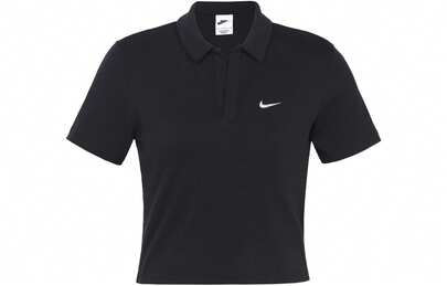 Nike ナイキ スポーツウェア ソリッドカラー ポロカラー クロップド スリムフィット 半袖Tシャツ、ブラック