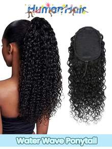 Extensión de cola de caballo con cabello humano rizado de 20 pulgadas con cordón, onda de agua, cabello humano brasileño Remy, para extensión de cola de caballo, piezas de cabello natural de 8 a 28 pulgadas - Natural Black - Ver 1