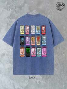 Pixel Style Monster Energy Drink T-Shirt With White Paw Logo And Monster Energy Drink Pattern; Off Road Bike, Motorcycle Monster Energy Sports Top, Fox Racing Monster Energy Clothing, Men's Casual Sports T-Shirt, Racing Enthusiasts, 230G Washed Cotton Double-Sided Printed T-Shirt, Pixel Style, Y2k Clothes, Perfect Gift, Comfortable Washed Cotton T-Shirt - 藍色 - 查看 3