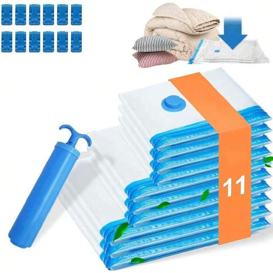 11 Bolsas de almacenamiento de vacío, Bolsas de compresión al vacio con bomba de mano, Vacuum storage bags bolsas ahorradoras de espacio para ropa, guardar edredones, cobijas,37365474 - Amarillo - Ver 1