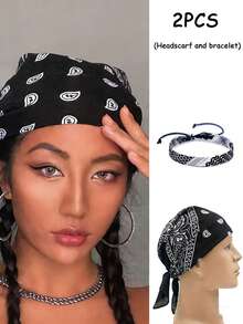 2pcs/Set Bohemian Paisley Headband & Bracelet, Handmade Arabic Style Bracelet, Vintage Hip-Hop Design, Unisex, Suitable For Cycling, Street Dance, Motorcycle Riding Mask, Headband
