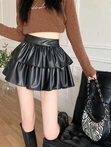 New Spring/Autumn PU Leather Pleated A-Line Mini Skirt, Flattering For Petite Women - Black - View 6