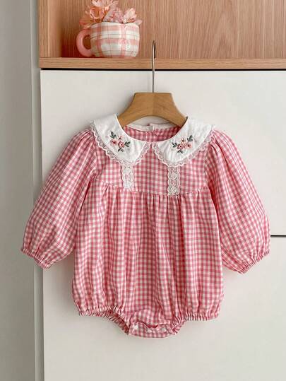 Spring & Autumn New Korean Style Baby Girl Plaid Embroidered Lapel Romper Outfit