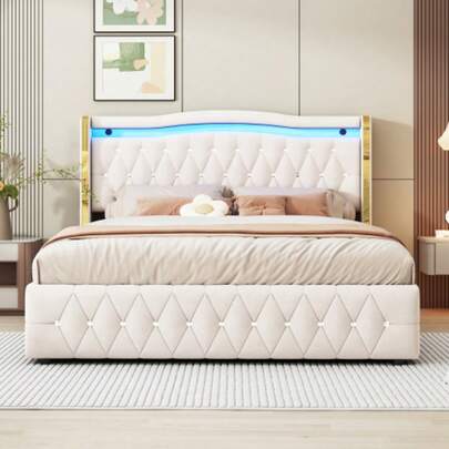 Polsterbett 160*200cm, Breite Beine Mit Hellen Streifen Für Stabilen Halt, Mit Farbwechselnder LED-Beleuchtung, Mit Hydraulik Zur Lagerung, Mit Hellen Rautenakzenten, Doppelbett, Samtstoff, Beige