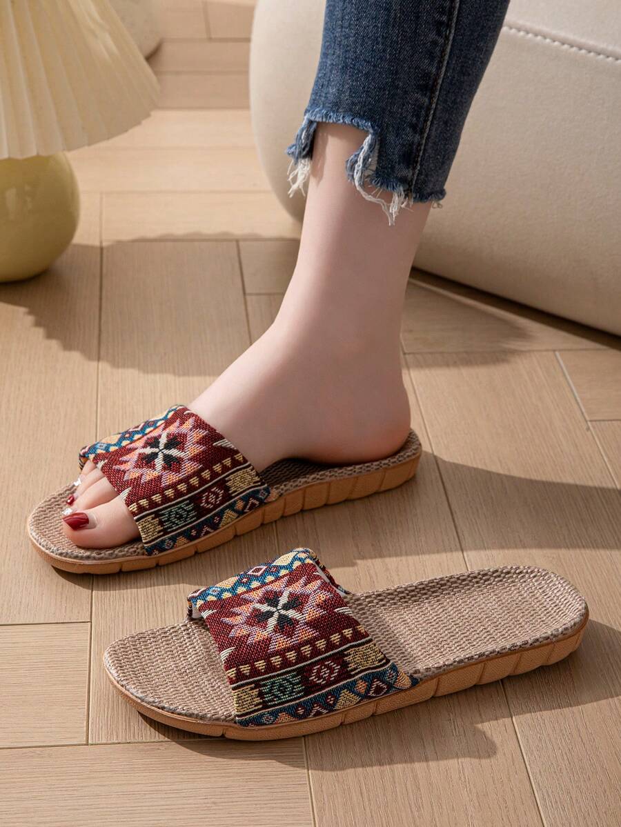 露趾拖鞋，平底，轻便，随机图案，波西米亚风格，男女通用，适合居家穿着 - 彩色 - 查看 1