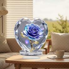 2D Acrylic Crystal Heart Sculpture With Blue Rose And Engraving, Mother's Day Gift - Elegant Desktop Decor For Home & Office, Gift For Friends & Family, Heart-Shaped Decor - Multicolor - View 2
