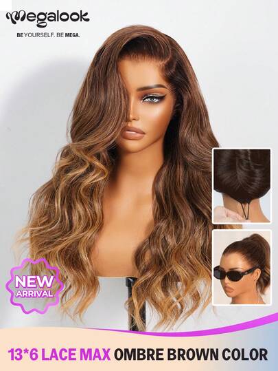 MEGALOOK Peruca Frontal de Renda 100% Cabelo Humano Onda Marrom Ombré Super Dourada, Renda Transparente de 3 Camadas, Densidade de 180%, Sem Necessidade de Cola, Estilo Natural Diário, Escritório, Halloween, Festa, Y2K, Férias, Ao Ar Livre, Cosplay, Escola, Festival, Preparação para Casamento para Mulheres
