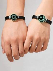 2件套情侣PU皮手链，女士情侣夜光日月结吊坠手链，友谊情侣派对饰品礼物 - 情侶 - 查看 2