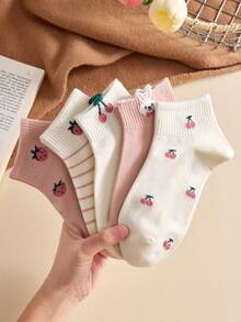 5/10 Pairs Women Anti-Slip Short Socks, Pink Cherry & Strawberry Pattern, Suitable For All Seasons - Multicolor - View 6