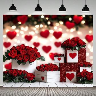 En romantisk alla hjärtans dag-bakgrund med röd ros, hjärtformad neonskylt med "kärlek". Slitstark polyesterfiber, mycket lämplig för festdekoration och söta porträtt. Högtidsbakgrund. Kärleksatmosfär för alla hjärtans dag-banderollbakgrund. Olika stilar att välja mellan.