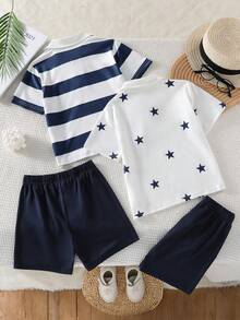 4pcs/Set Toddler Boys' Casual Classic Retro Style Contrast Color Striped/Star Pattern Polo Shirt With Loose Solid Color Shorts Set, Spring/Summer - Multicolor - View 4