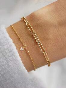 Nooxian 2pcs/Set Elegant Casual Paperclip Chain & Heart Pendant Bracelet Set For Women (Quantity Of Chain & Clasp Varies) - Yellow Gold - View 6