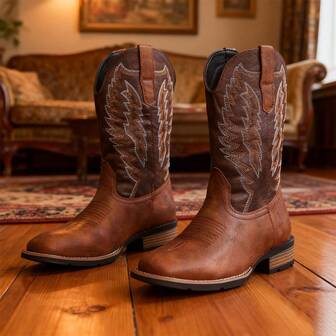 Ideal With Jacket,Men's Square Toe Cowboy Boots, Western Style Embroidered High Heel Pull On Ankle Boots For Fashionable Spring Autumn