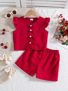 2pcs Girls Casual Solid Color Sleeveless Top With 3D Bow Decor & Button Design, And Elastic Waist Shorts Set, Spring/Summer - Red - View 1