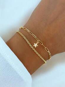 Nooxian 2件套 时尚金色星星立方氧化锆吊坠双层手链 奢华珠宝套装 - 金黃色 - 查看 7