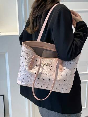 Bolso de mano casual de gran capacidad con lazo decorativo, elegante y fresco para el transporte diario de las mujeres, bolso minimalista de moda para llevar debajo del brazo