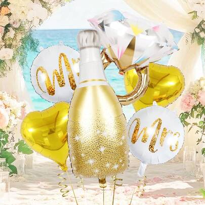 6pcs Wedding Theme Party Balloon Set, Includes Wine Bottle Balloon, Rhinestone Balloon, 18" Round Balloons For Men/Women, Heart Shaped Balloon, Suitable For Wedding, Proposal, Anniversary, Valentine's Day, Bridal Shower, Bachelor/Bachelorette Party