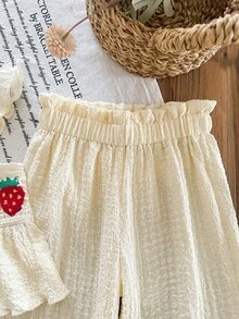 女童草莓印花套装，3D钩针编织短袖上衣+米色纹理阔腿裤，儿童甜美休闲两件套，夏季 - 杏色 - 查看 7