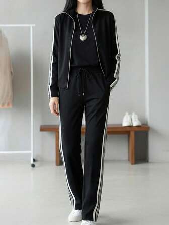 2026春秋冬新款女士休闲套装 - 黑白撞色领拉链外套+条纹收腰直筒裤，显瘦又显年轻时尚两件套，适合日常穿着、办公室、会议等场合。