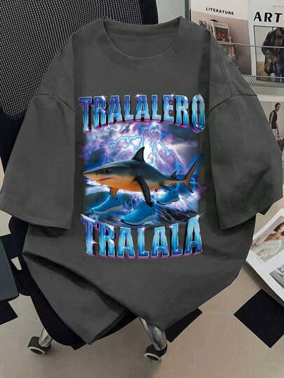 Tween Boy Casual Everyday Commute Shark & Letter Print Loose Fit T-Shirt, Summer