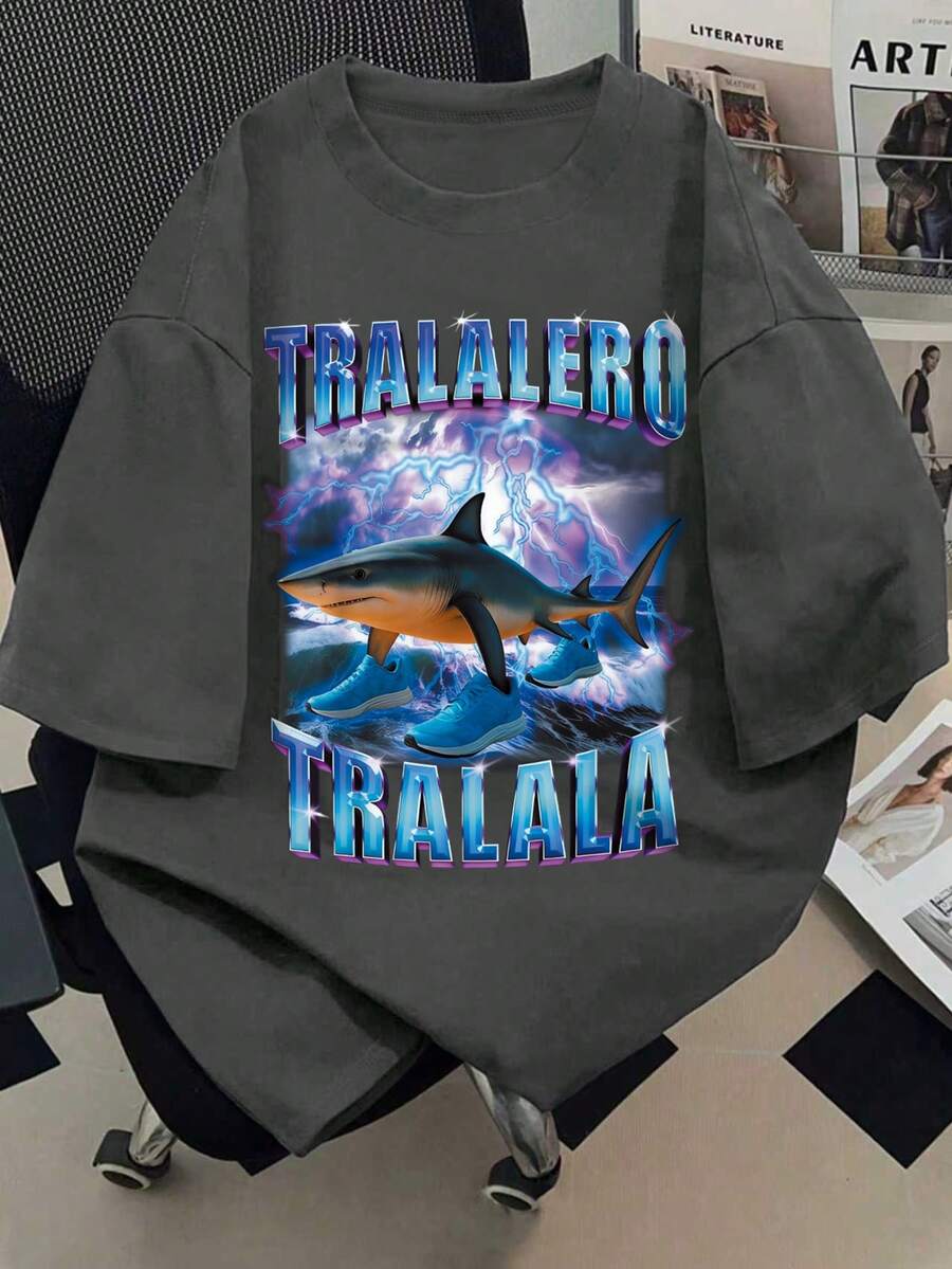 青少年男童休闲日常通勤鲨鱼字母印花宽松T恤，夏季 - 灰色 - 查看 1