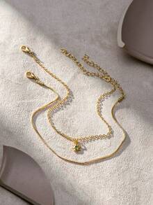 Nooxian 2pcs/Set Elegant Simple Gold-Tone Micro-Inlaid Blue Zirconia Sun Copper Pendant Anklet, Layered Wear For Women