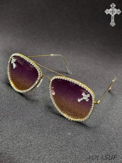 Diamond Heart Cross 1副新款十字架心形水钻装饰椭圆形全框时尚男士眼镜，精致金属镜框镶钻时尚眼镜，时尚户外防紫外线男士眼镜（含眼镜盒+眼镜带+眼镜布）