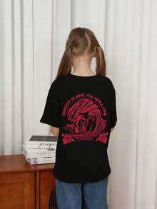 Tween Girl Tropical Print Round Neck Short Sleeve T-Shirt, Summer Top - Black - View 2