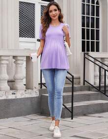 Camisetas de Maternidad Lindas de Verano de Manga Corta Tops de Embarazo Casual Blusa Cómoda con Volante Peplum para Mujer - Verde - Ver 1