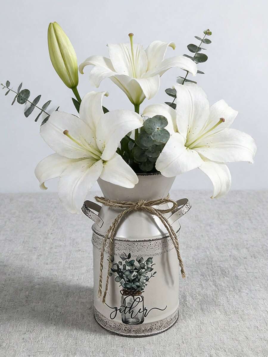 19cm High X 13cm Wide Silver Gray Milk Pitcher Shaped Vase. The Vase Body Is Printed With A Fresh Plant Pattern, Suitable For Vibrant Flowers Like Purple Bougainvillea. Weight: 0.16kg. - Light Grey - View 1