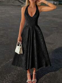 Unadoll 女士性感露背吊带连衣裙,3D提花面料,优雅款式,适合晚宴、约会、学校开学典礼、鸡尾酒会、婚礼、圣诞节、感恩节等场合。 - 黑色 - 查看 8